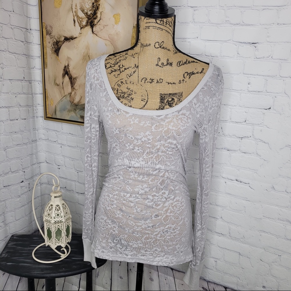 City Streets silver sheer lace pattern long sleeve top